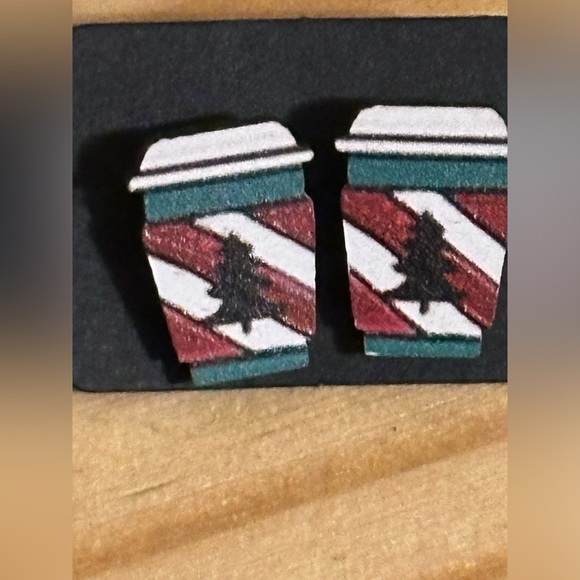 Homemade earrings Christmas Holiday Coffee Lover Starbucks themed studs Jewelry - Picture 4 of 6